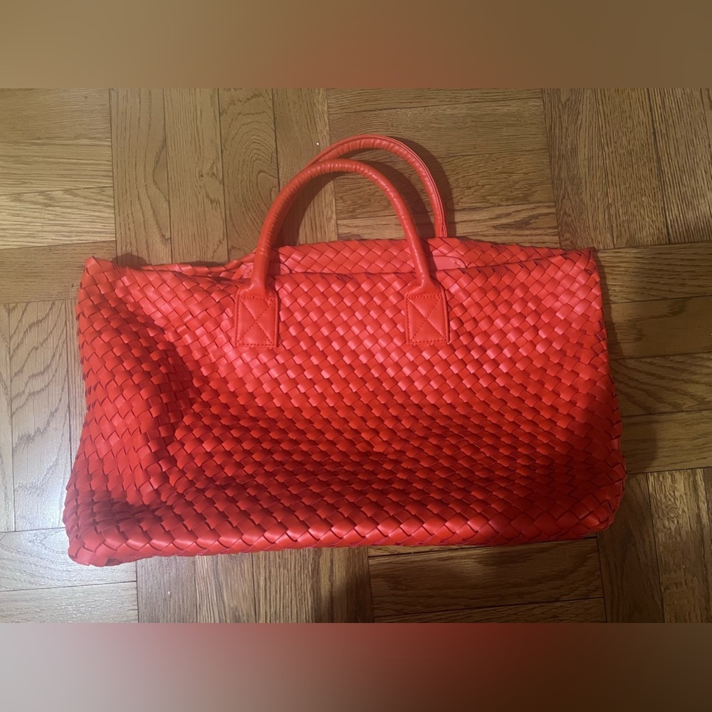Orange leather weaved tote bag